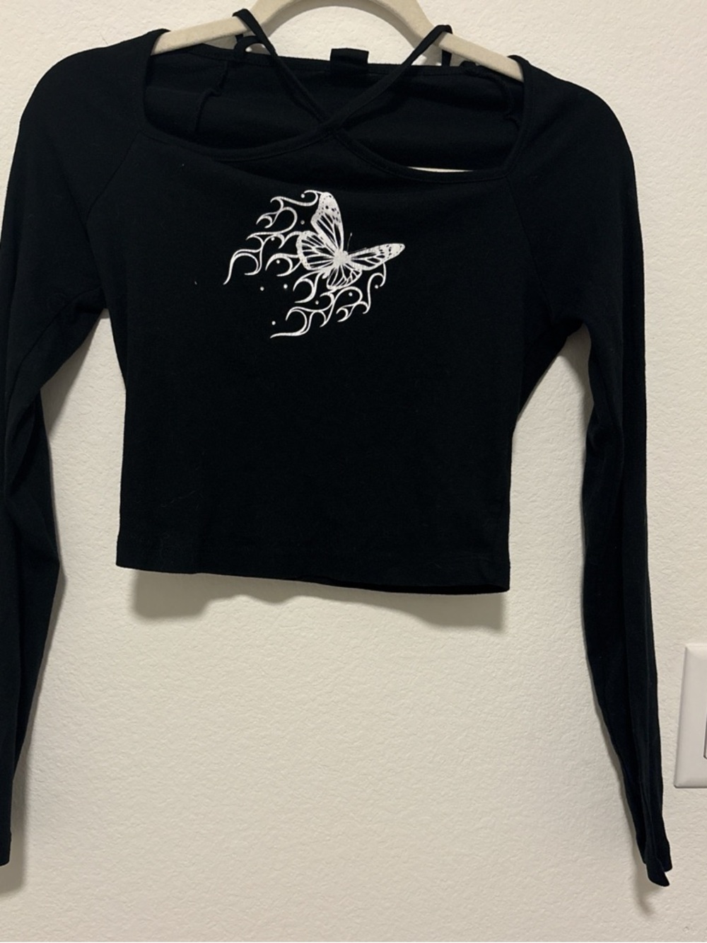 Urban Outfitters Black Long-Sleeve Crop Top with White Butterfly